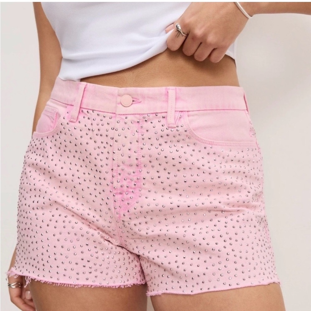 NWT Good American Good Girlftiend Studded Pink Denim Shorts